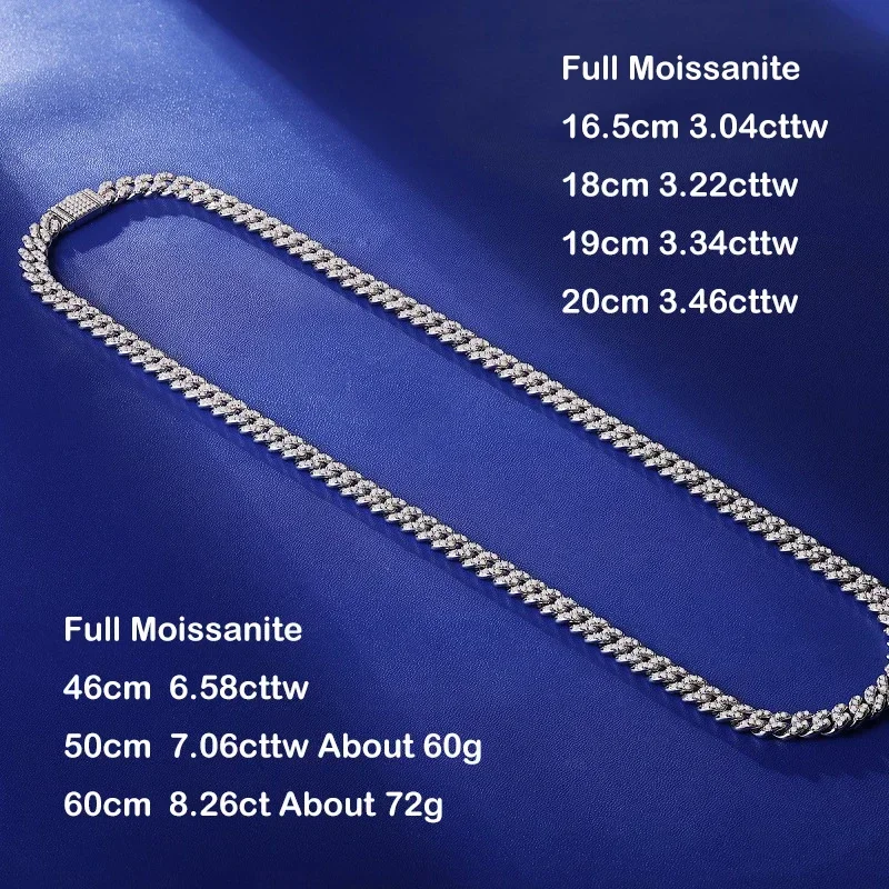 EWYA Full Moissanite Cuban Neck Chain Necklace for Men Women 8mm S925 Silver Plated 18K Hip Hop Pass Diamond Test Link Necklaces