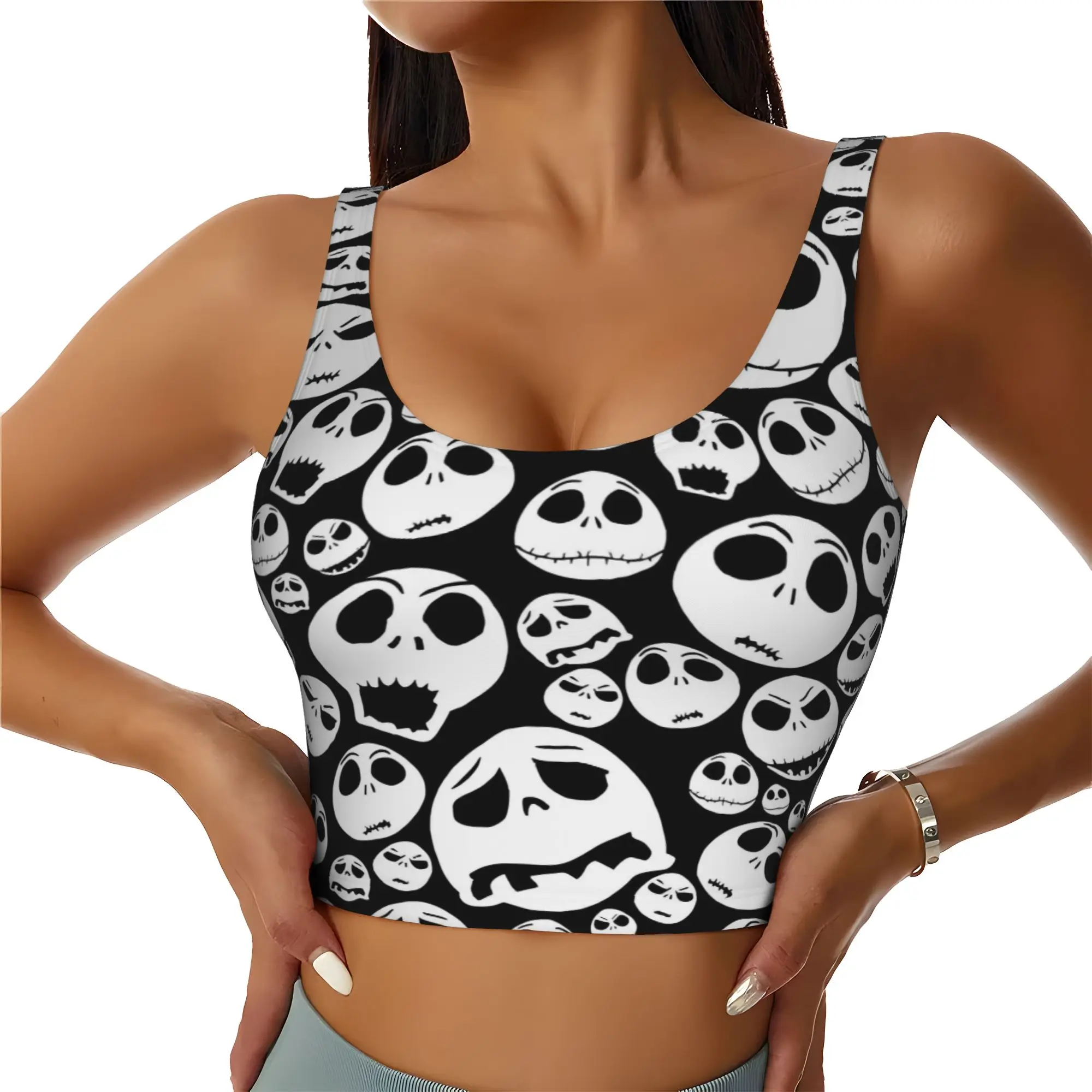 Custom Skellingtones Skull Workout Crop Tank Tops Women Halloween Horror Yoga Sports Bras