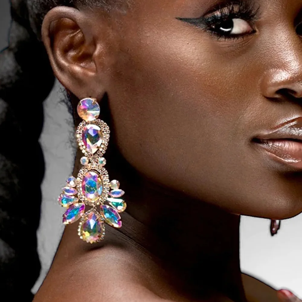 AB Color Rhinestone Water Drop Dangle Earrings for Women 2025 Trending Drag Accessories Crystal Exaggerate Earring Jewelry Gift