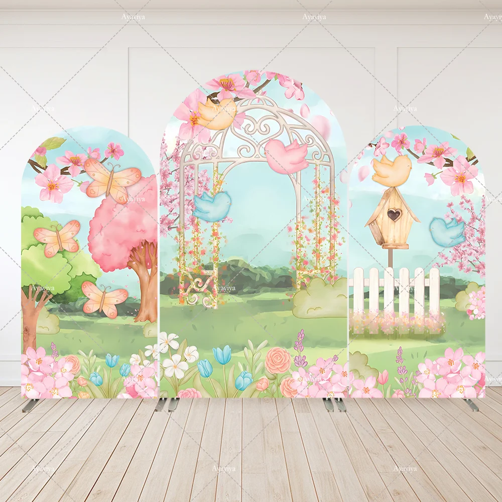 

Spring Garden theme Birdcage Baby Shower Arch Backdrop Cover Kids Birthday Party Arched Wall Panels Cover 2-Sided