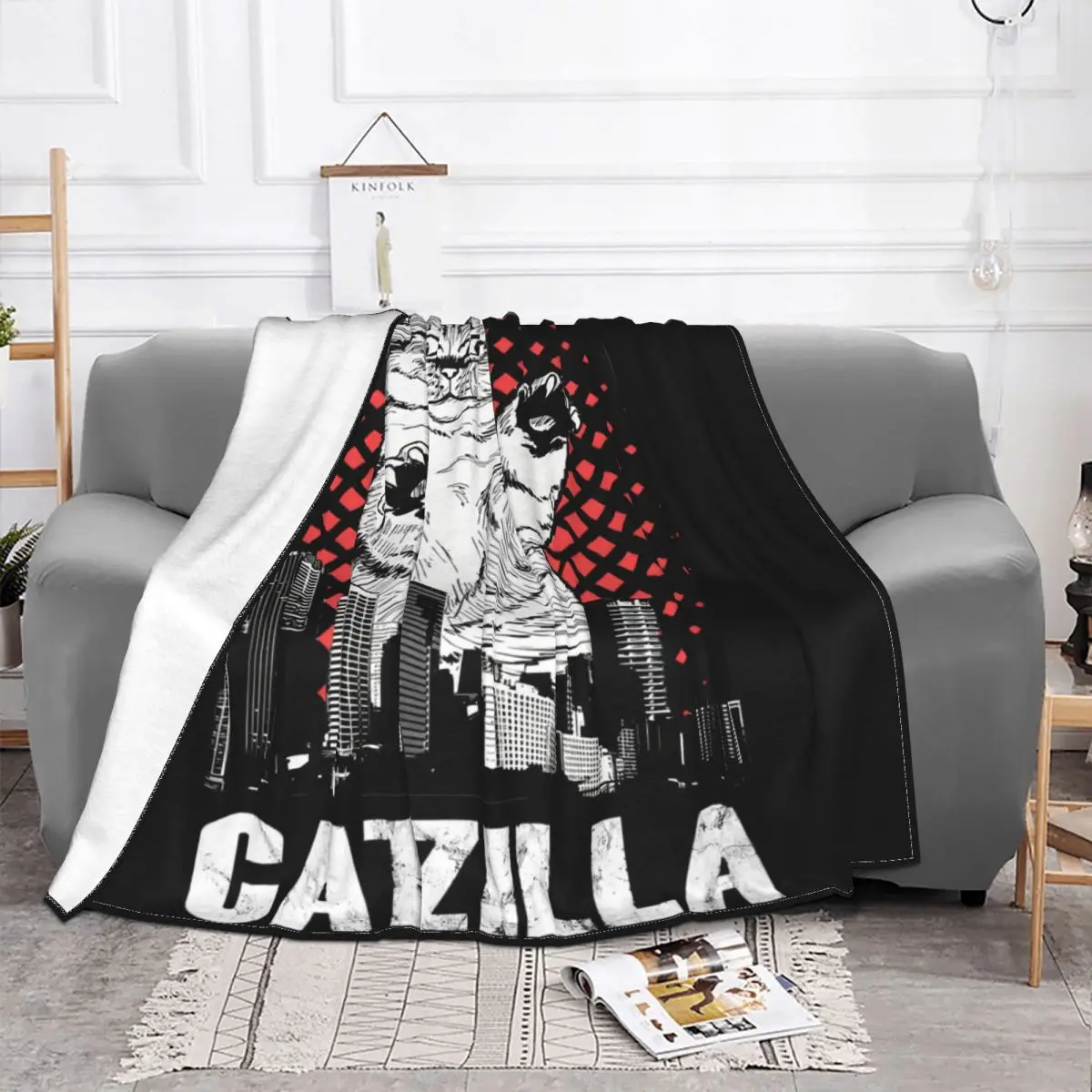 Cats Lover Pet Gift Catzilla Cat Blanket Fleece All Season Cute Lightweight Throw Blankets For Office Plush Thin Quilt