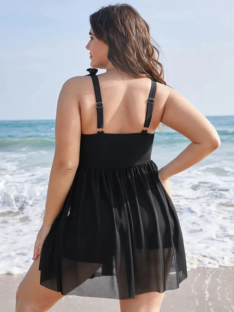 Maiô feminino plus size, elegante, peça única, tankini, decote em v, bainha dividida, tamanho grande, body preto, roupa de praia