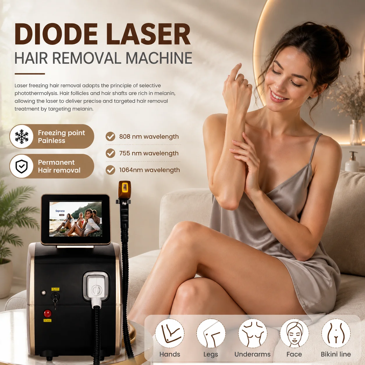 Black Gold Professional 3 Wavelength Diode Hair Removal Machine 755nm 808nm 1064nm Full Body Painless Long-Lasting