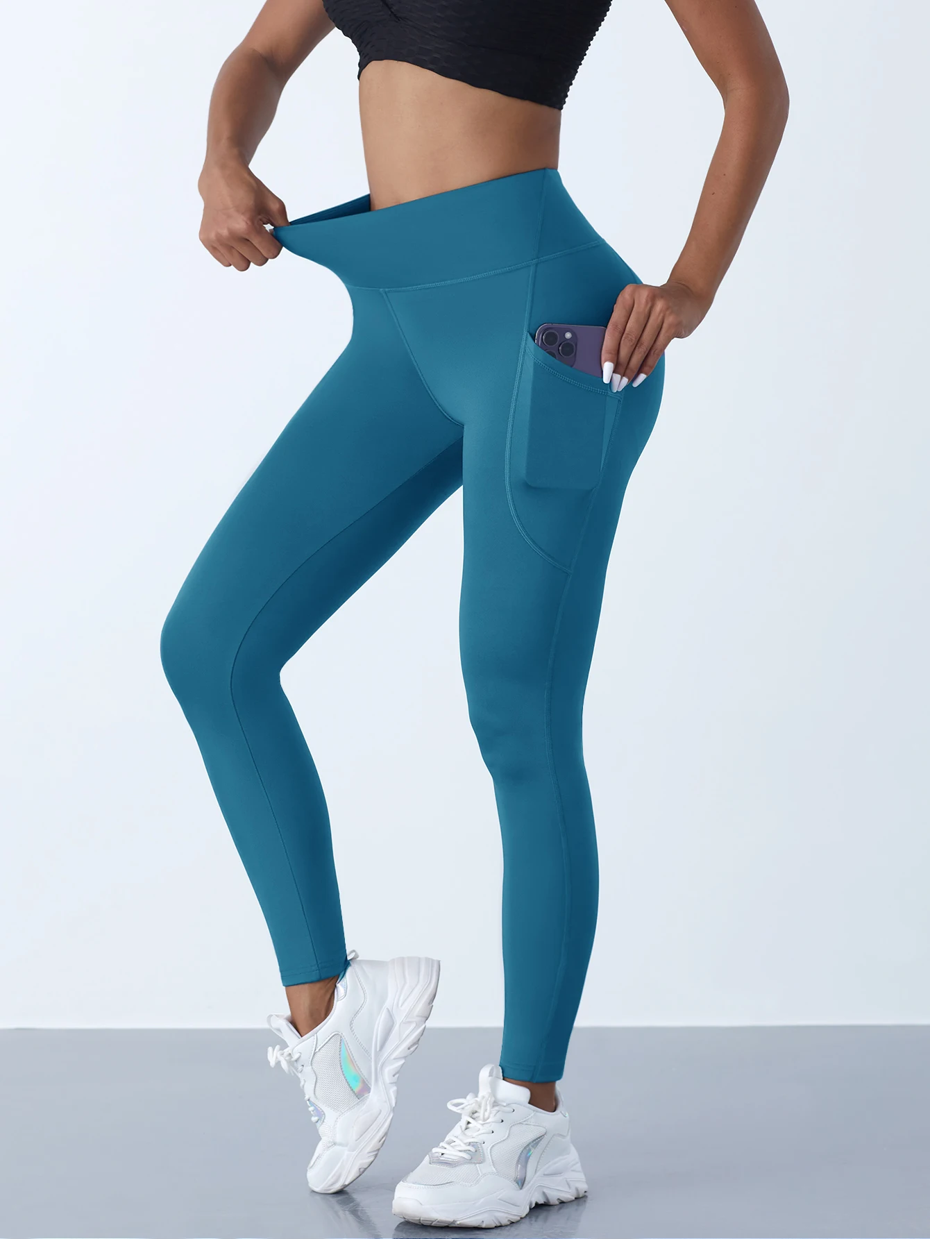 Einfarbige Leggings mit Seitentaschen für Damen, hohe Taille, Sportbekleidung, Zyklus-Yoga-Hose, Push-Up-Fitness-Leggings – Detail 16