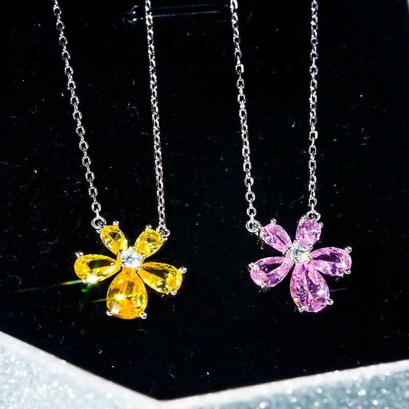 

2023 New Trendy Five Petal Flowers S925 Sterling Silver AAAAA Zircon Pendant Necklace For Women Fashion Shiny Fine Jewelry Gift