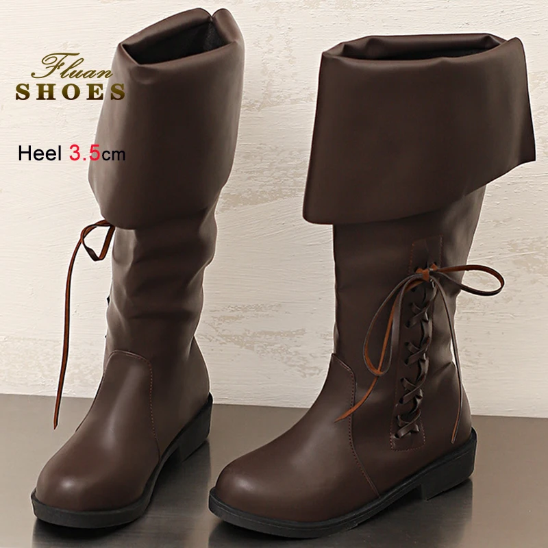 2025 خريف شتاء أسود المرأة أضعاف حذاء برقبة للركبة جولة تو الجانب الدانتيل يصل القوس رقيقة الكعوب 3.5 سنتيمتر تحول أكثر من حافة مدخنة الأحذية