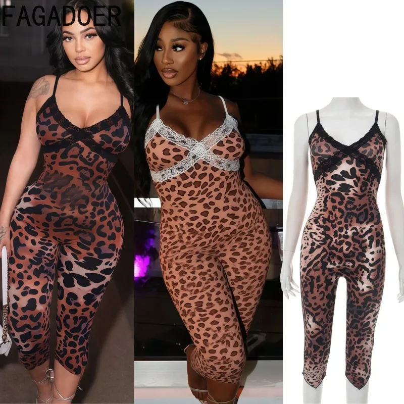 

FAGADOER Sexy Leopard Print Bodycon Rompers Women Lace Patchwork Backless Jumpsuits Female Streetwear Overalls 2025 Summer New