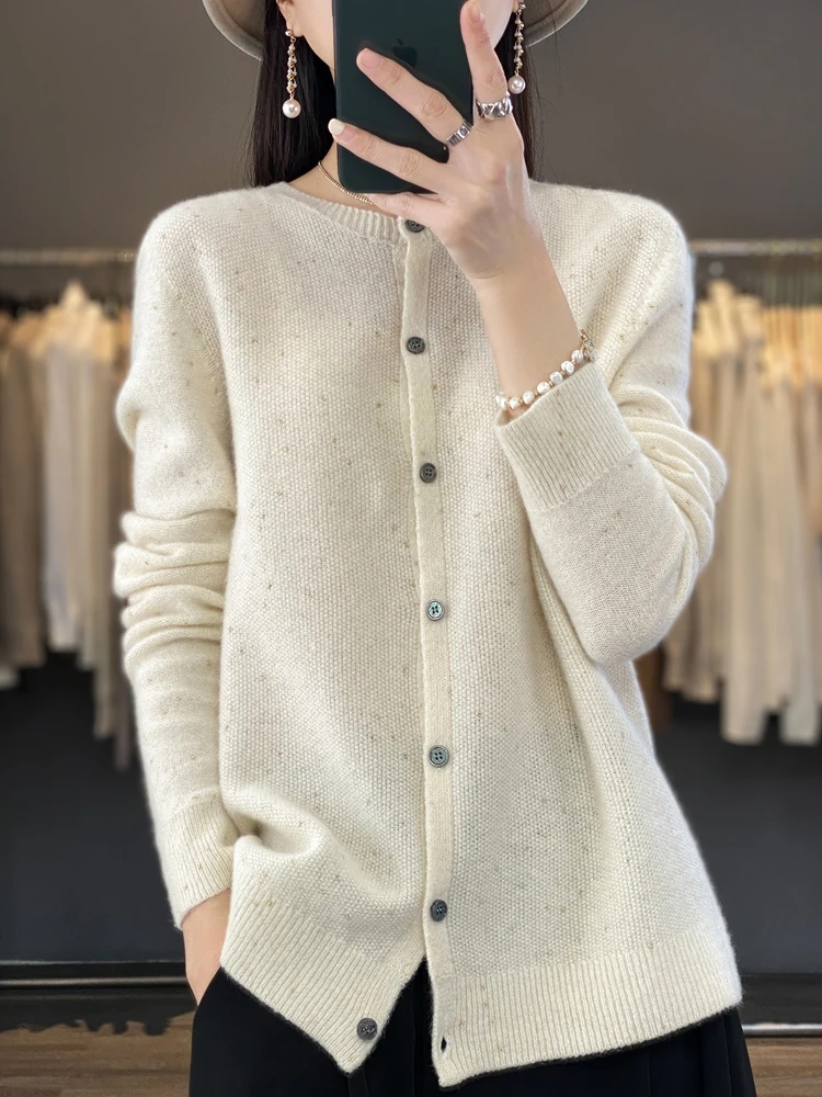 New Chic Women Cardigan Autumn Winter O-neck Long Sleeve Sweater 100% Merino Wool Grace Cashmere Knitwear Female Clothing Tops