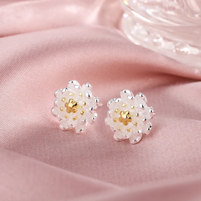 New Ethnic Style 925 Sterling Silver Jewelry Beautiful Lotus Flower Hand-made Simple Women Stud Earrings E072