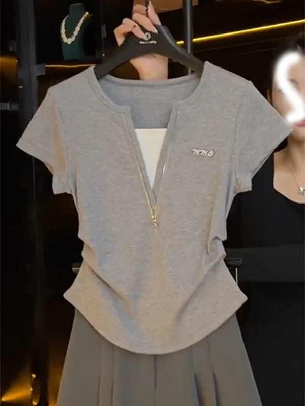 Korean Style Zipper Short Sleeve T-Shirt Women's Summer Fashion Commute Design Slimming Waist Control Top Polyester Fiber