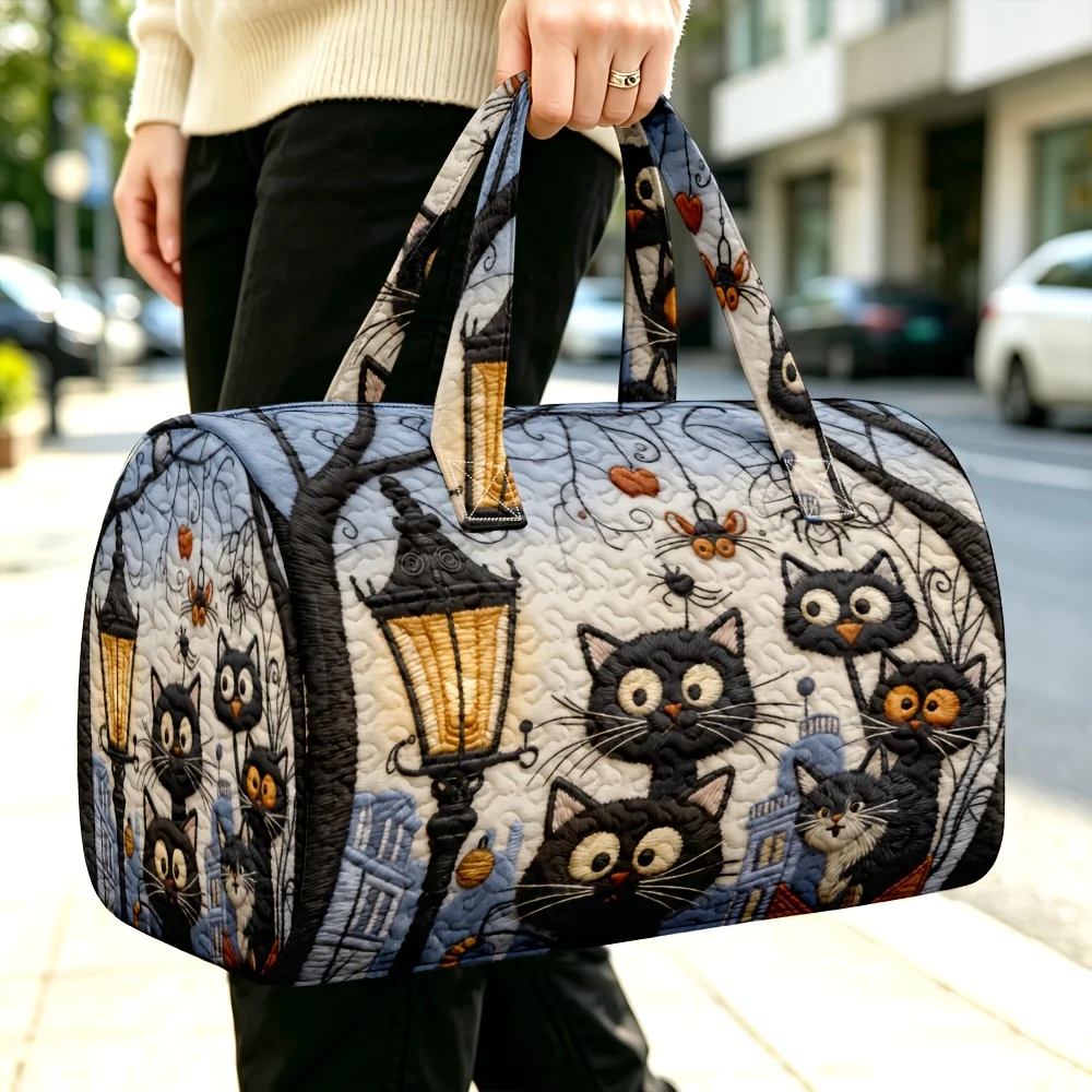 Cute 3D Quilted Cat Handbag - Halloween Cat Print Unique Travel Bag - Perfect Gift for Cat Lovers to Carry around