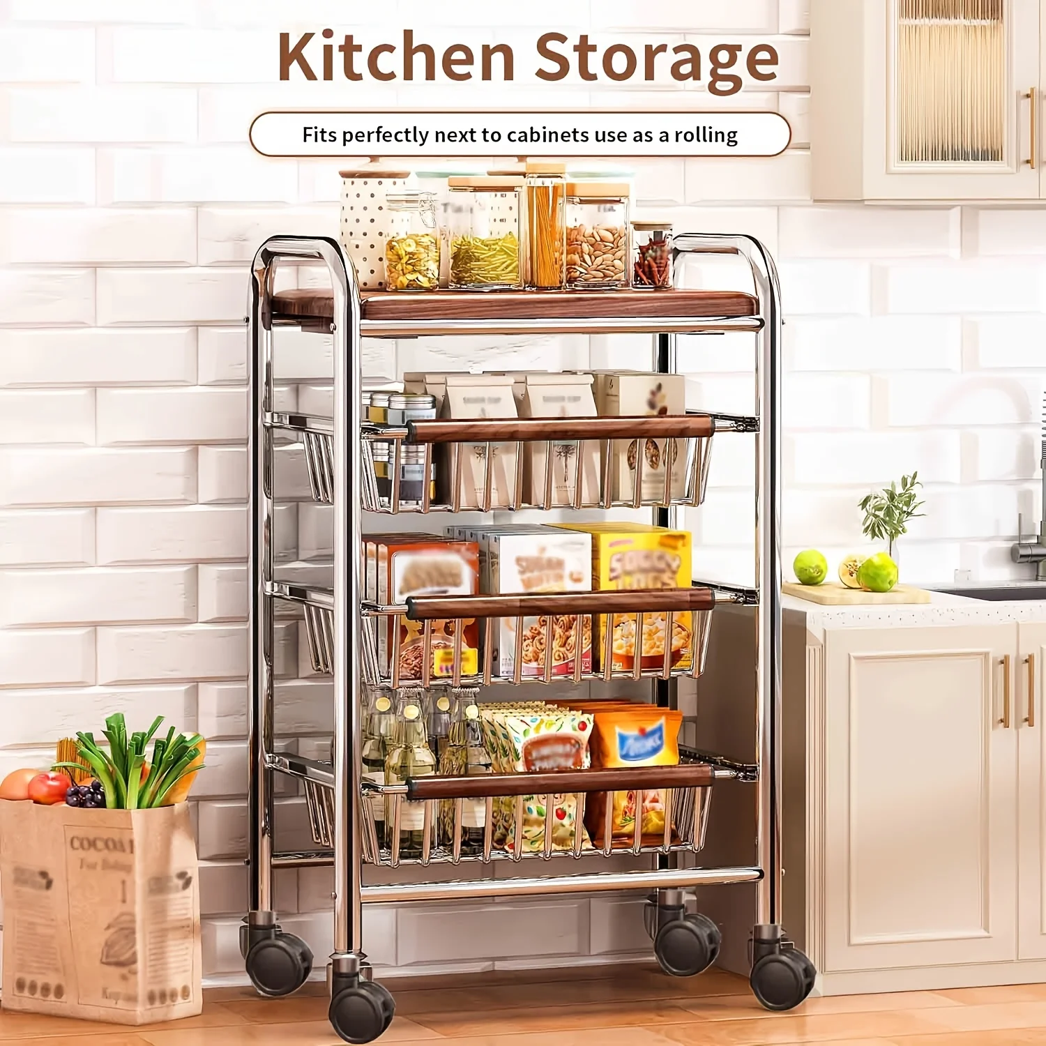 Four-Tier Rolling Storage Cart for Organization and Storage | Heavy-Duty Carbon Steel Storage Cart with Pull-Out Wire Baskets image 4