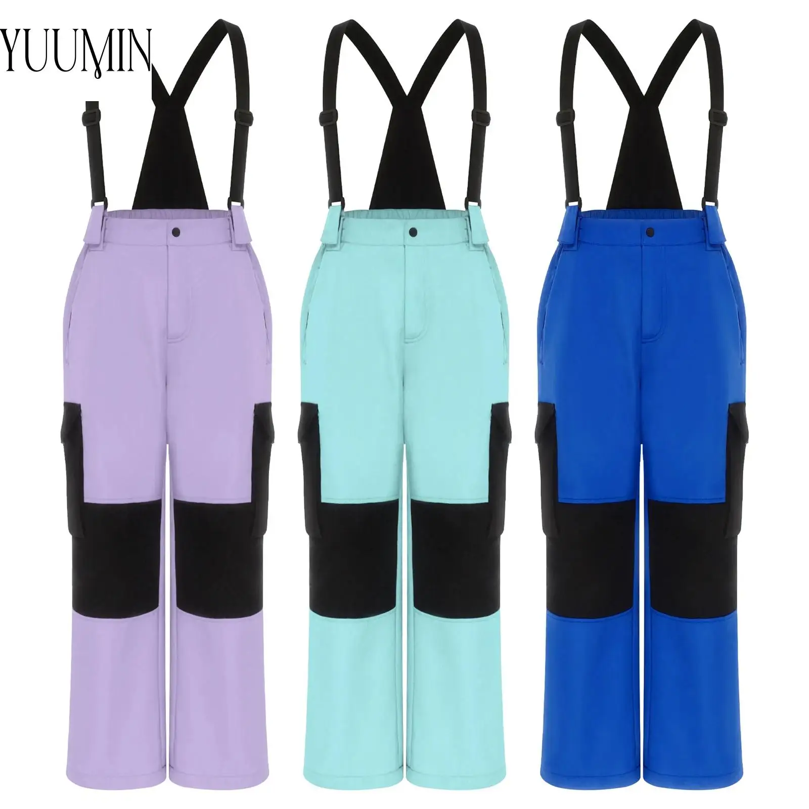 

Kids Girls Boys Water Resistant Ski Overalls Adjustable Elastic Wide Shoulder Straps Color Block Pants for Skiing Snowboarding