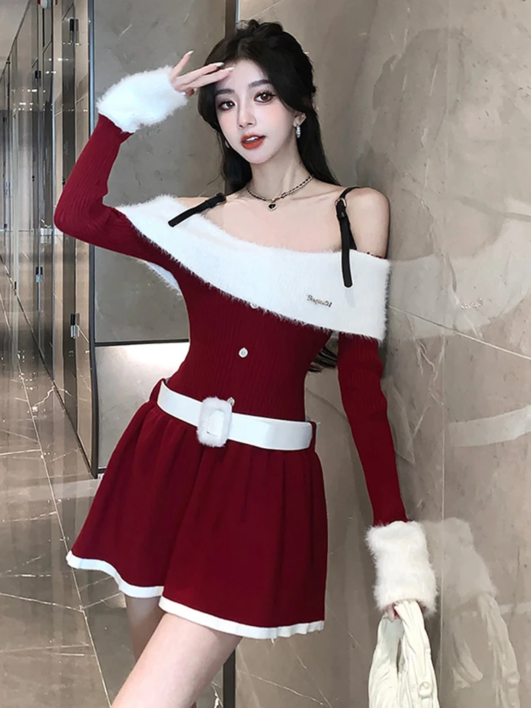 New Fashion Y2K Abito corto lavorato a maglia Donna Maglione da donna Chic Sexy con spalle scoperte Skinny Mini Party Prom Abiti Abiti elasticizzati