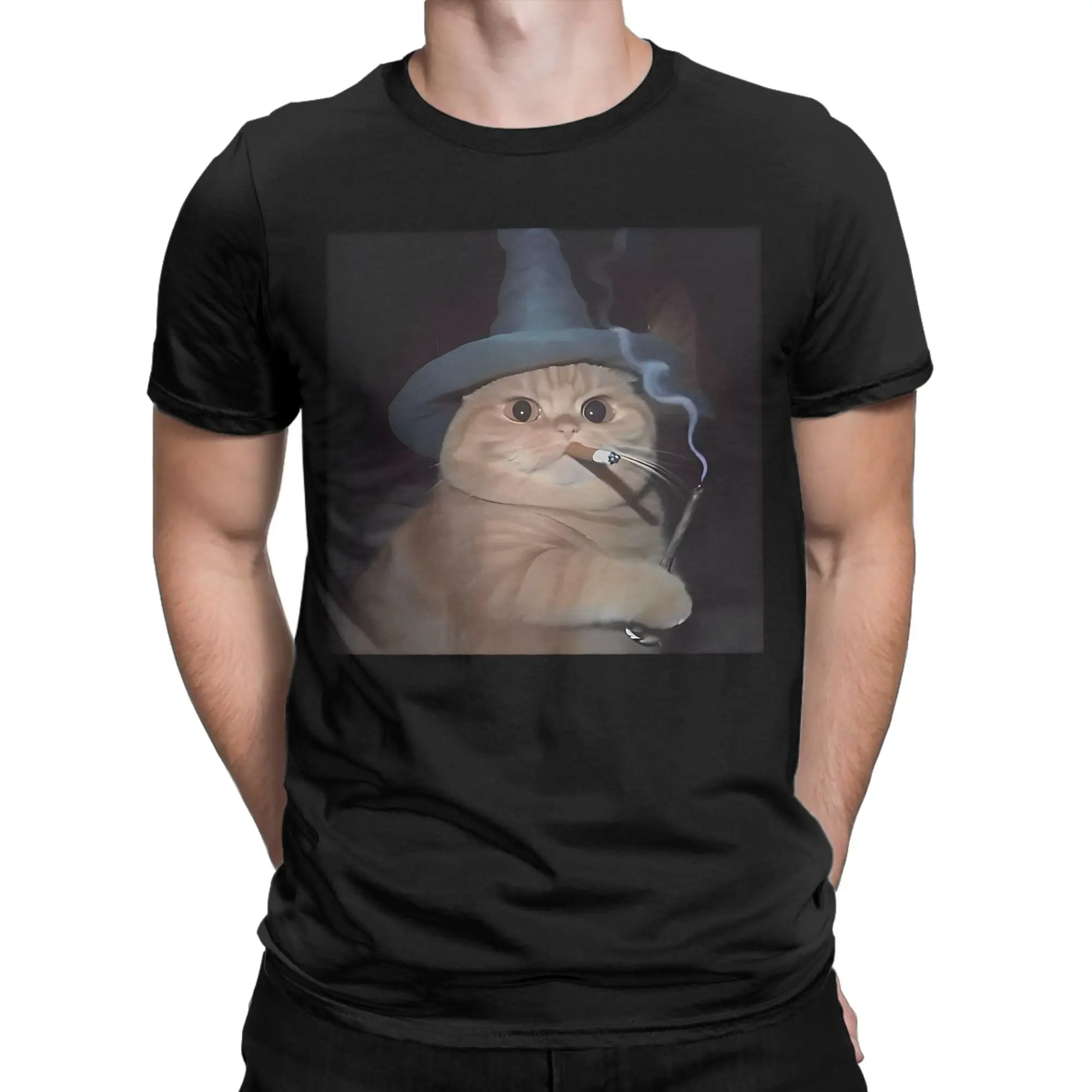 Smoking Wizard Cat T-Shirt Men Women Cigarette Halloween Kitty Cool 100% Cotton Tee Shirt Short Sleeve T Shirt Gift Idea Clothes