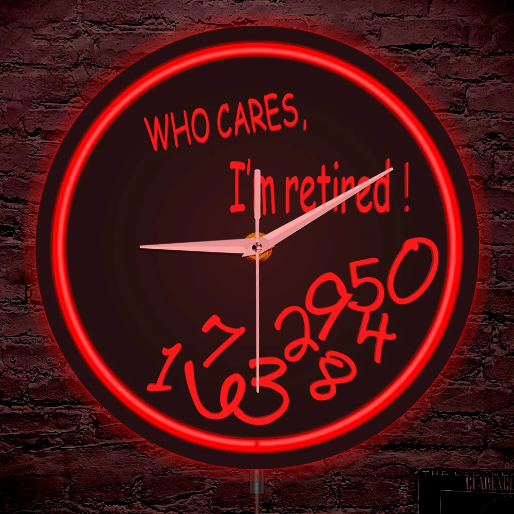 

Who Cares I'm Retired Неоновая вывеска Светодиодное освещение Настенные часы Retiree Домашний декор Металлический каркас с подсветкой Настенные часы Подарок на пенсию