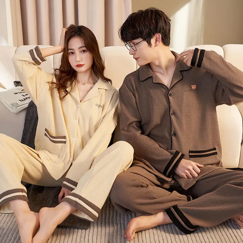 Spring and Autumn Long-sleeved Korean Cardigan Cotton Sleepwear Two-piece Set Casual V-neck Couples Pajamas Women Pajama Man