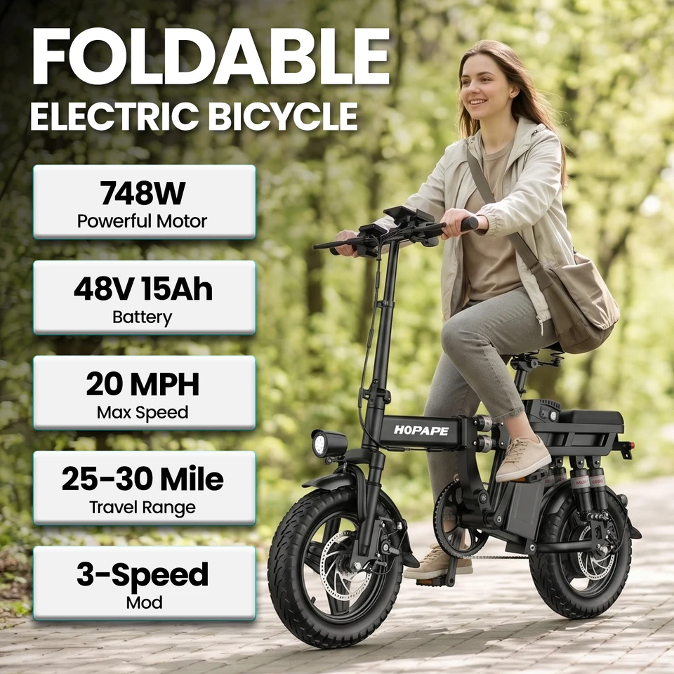 HOPAPE Foldable Electric Bike 748W Brushless Motor 48V 15Ah Battery 8-Layer Shock Absorption 20MPH Max Speed 25-30 Miles Range Dual Disc Brake 14"x2.125" All Terrain Folding E-Bike image 3