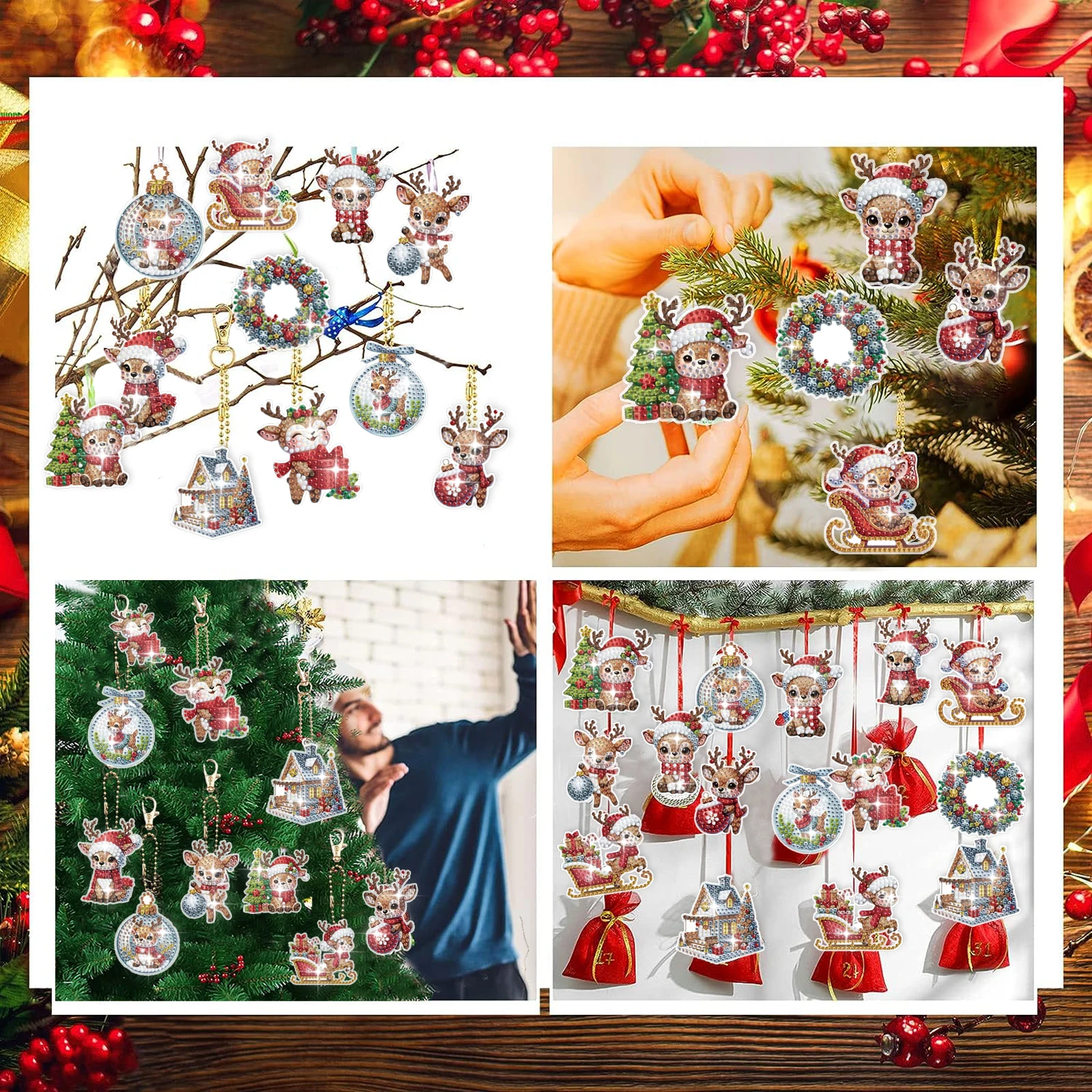 12 pieces DIY diamond painting acrylic material, Christmas deer pattern diamond painting key chain kit