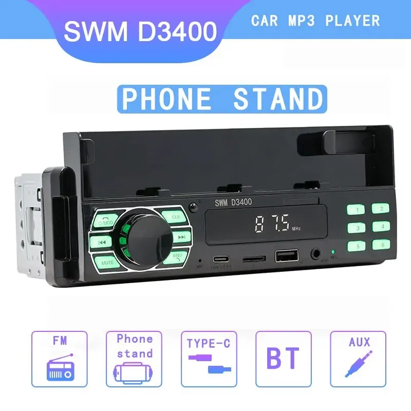 1Din Car Radio Player MP3 Bluetooth USB TypeC TF AUX Car Phone Stand Car Multimedia Player