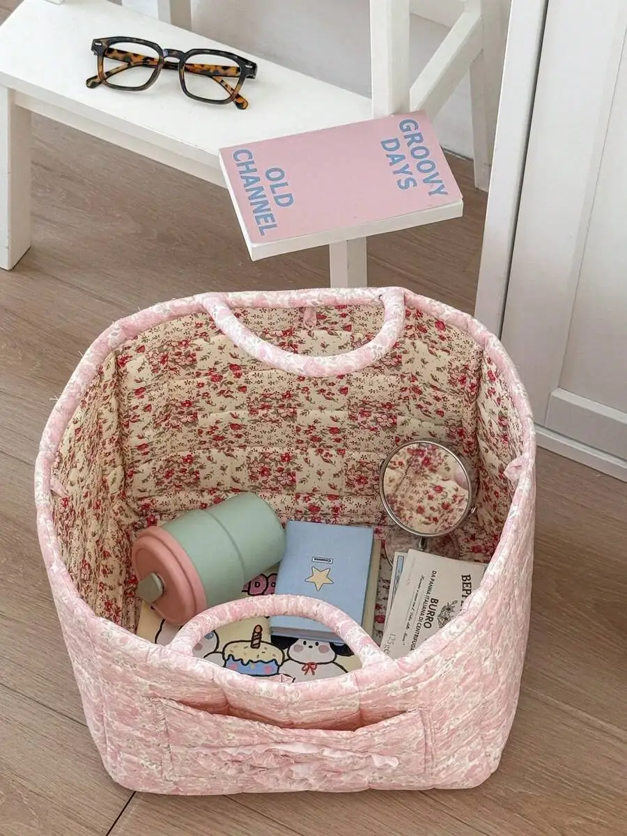 1Pc Floral Print Quilted Storage Basket Laundry Basket Large Capacity Portable Storage Bag Foldable Snack Basket With Handle For