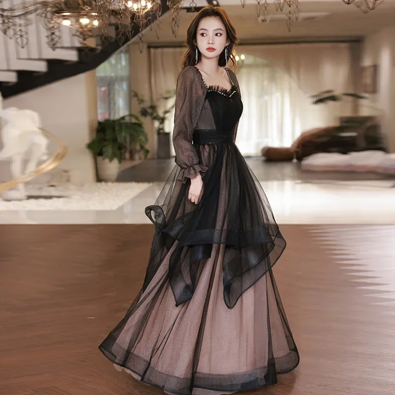 2024 Women\'s Evening Party Dress Long Sleeve Ruffle Square Neck Vintage Long Skirt Elegant Banquet Prom Dress For Women Vestidos