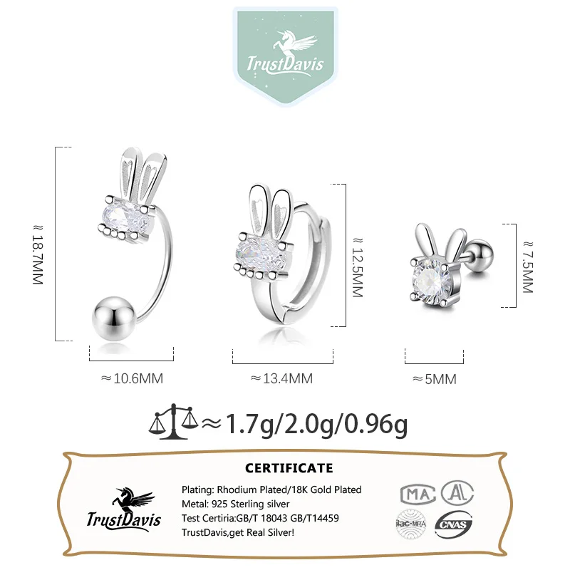 TrustDavis Meisjes 925 Sterling Zilver Schattige Konijn CZ Tiny Hoepel Oorbellen voor Meisjes Bruiloft Fijne S925 Sieraden DS3930