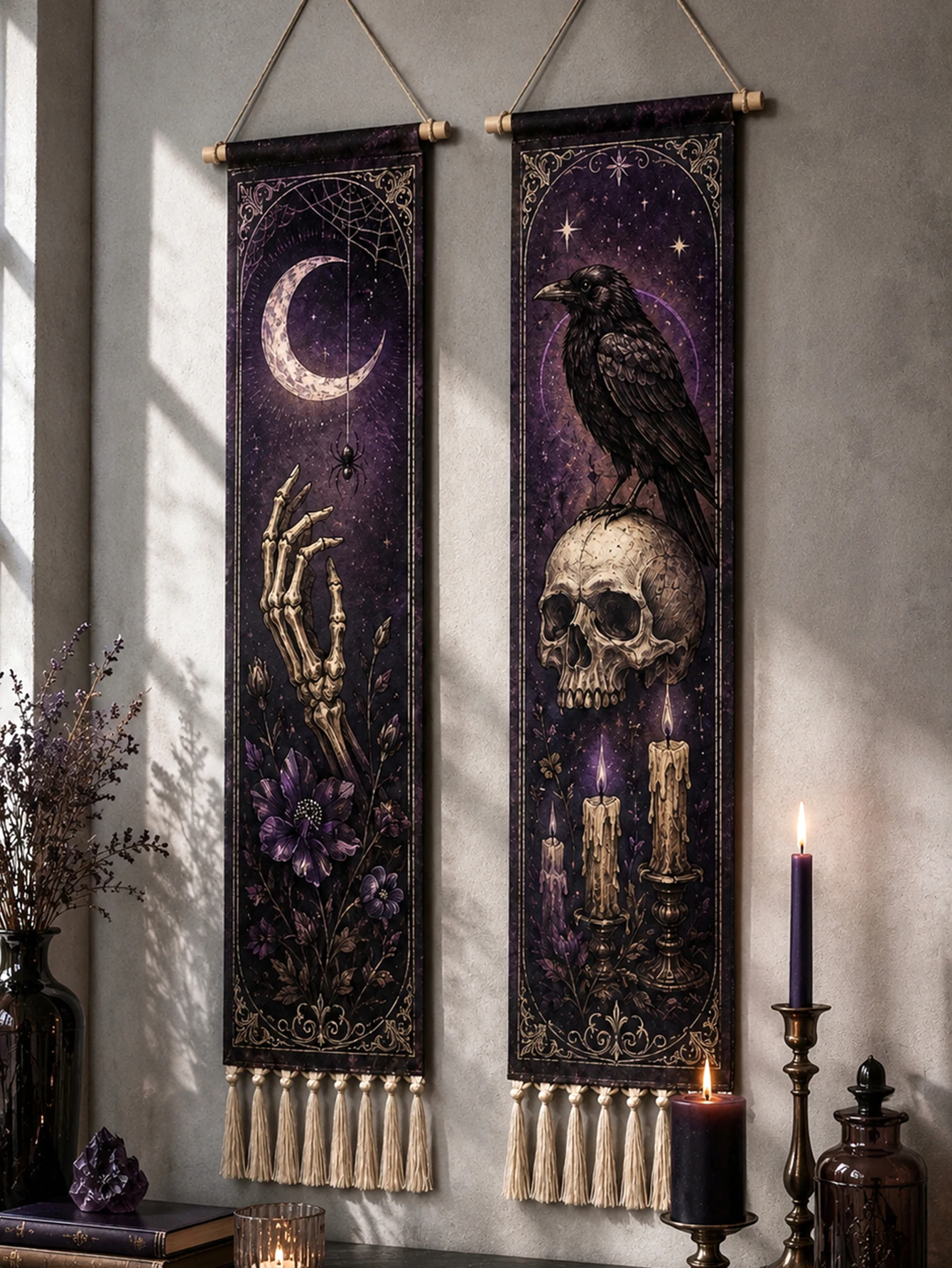 Halloween-Wandteppich mit Quasten, Gotische Hexe, Schwarze Katze, Krähe, Geisterhaus, Totenkopf-Druck, Vintage Grusel-Wandbehang Deko – Detail 31