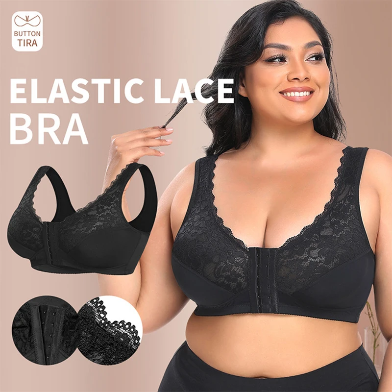 

ECOPRIOD Women's Wire-Free Lace Pus-Up Plus Size Front Button Bra