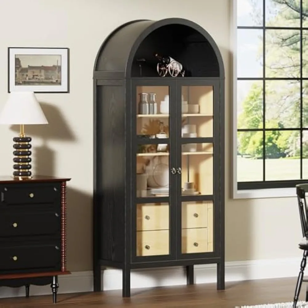 Modern Farmhouse Arched Cabinet with Glass Doors,72