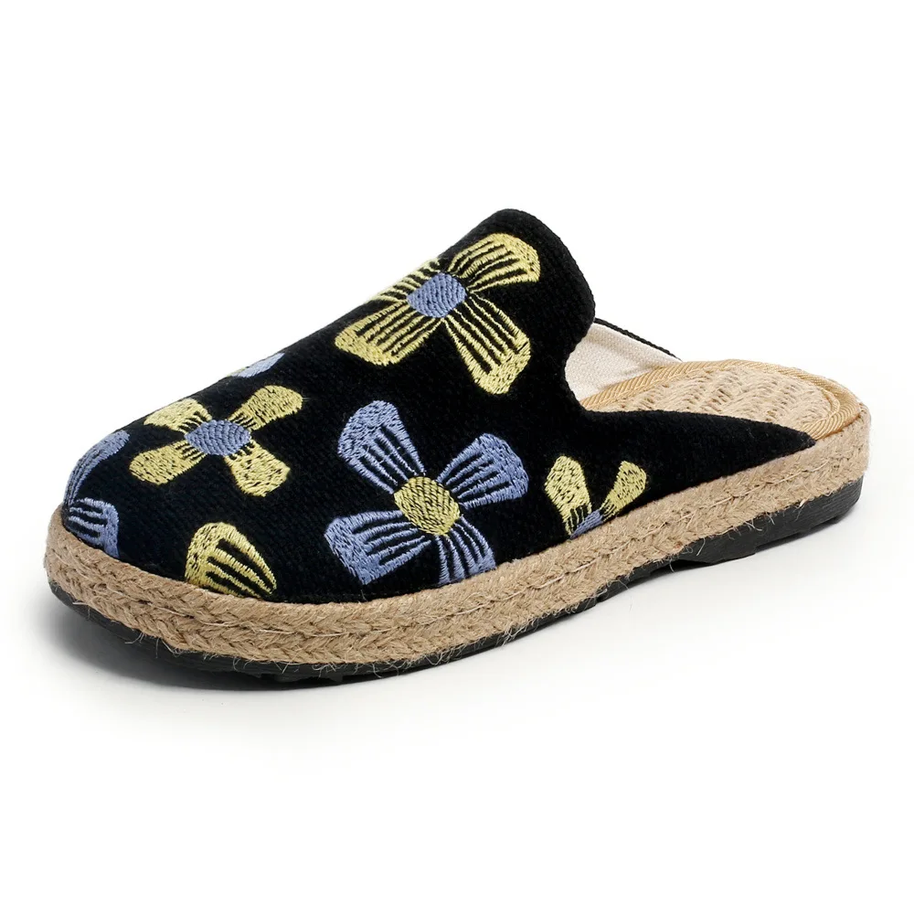 Veowalk Women Linen Cotton Fabric Embroidered Close Toe Flat Mules slipper Comfortable Summer Espadrilles Shoes Black Beige