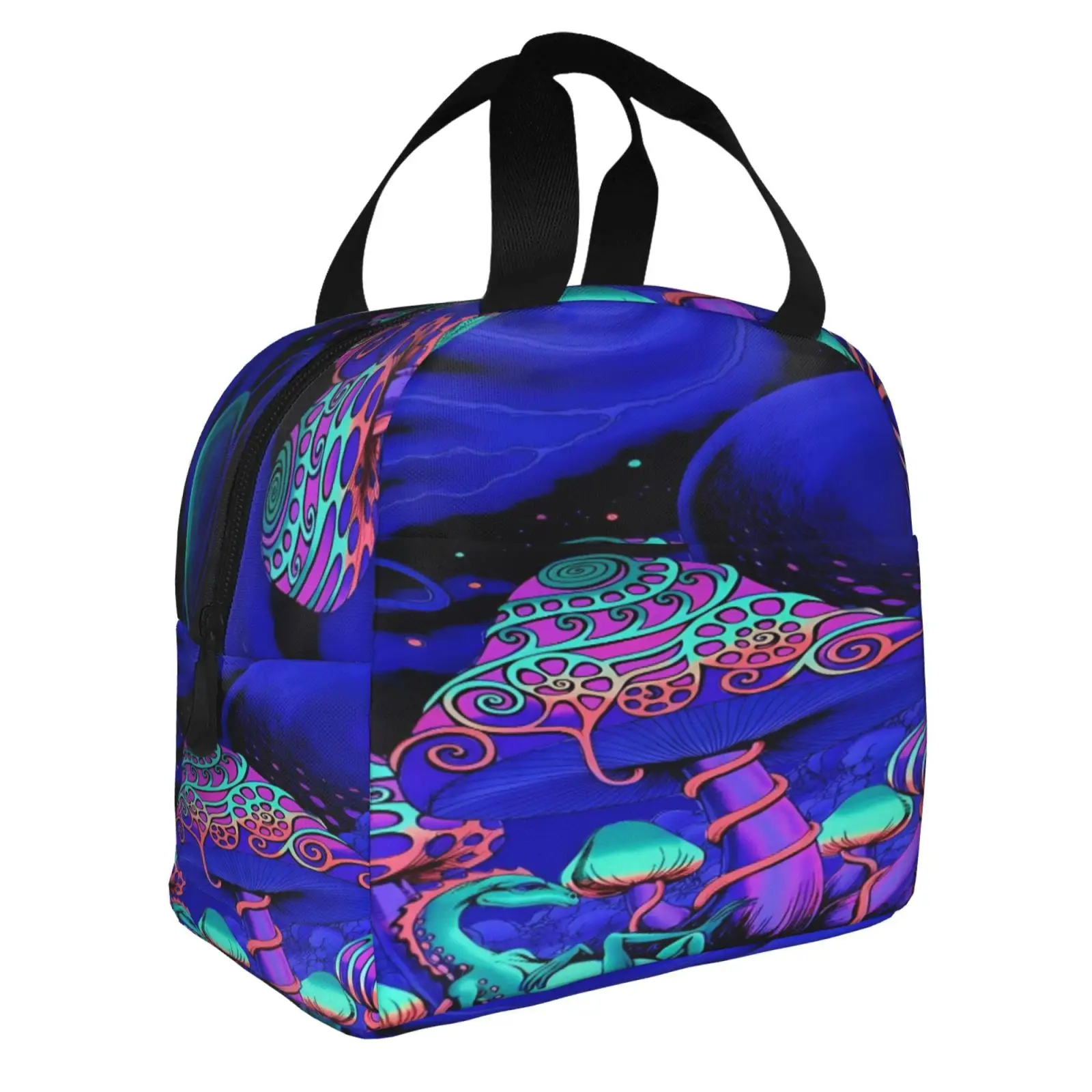 Psychedelic Mushroom Fluorescent Print Lunch Tote Bag Insulated Leakproof Lunch Box Container with Front Pocket for Girls Boys