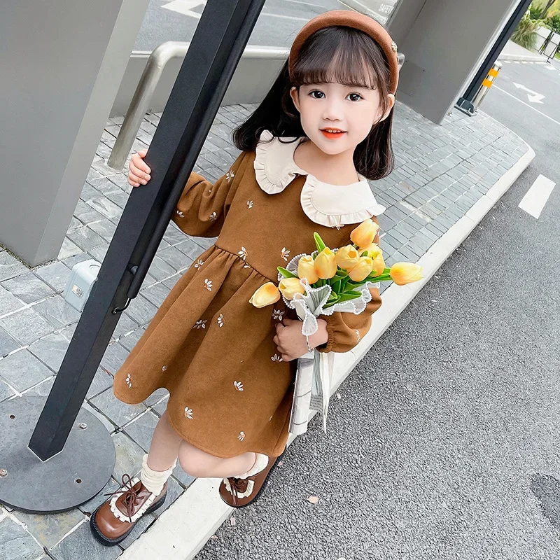 Girls Dresses Fashionable Western Style Doll Neck Dress Spring and Autumn 2024 New Model Baby Girl Long Sleeved Princess Dress