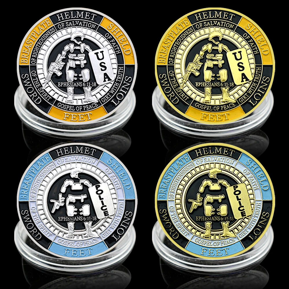 

4pcs American police Put on The Whole Armor of God Ephesians Christianity Souvenir Gold Plated Commemorative Coin gifts