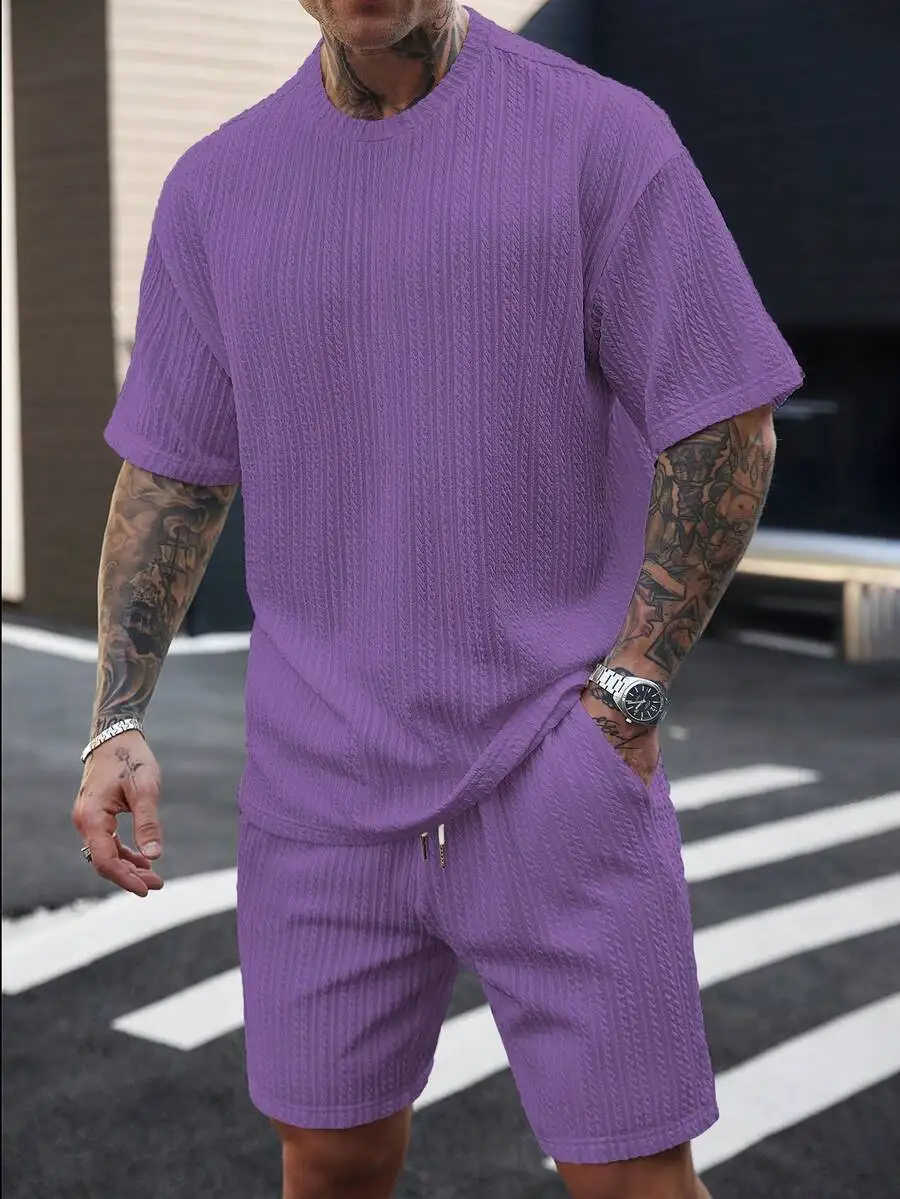 

Mens Purple Jacquard Knit Short Sleeve T-Shirt And Shorts Set Casual Summer Outfit