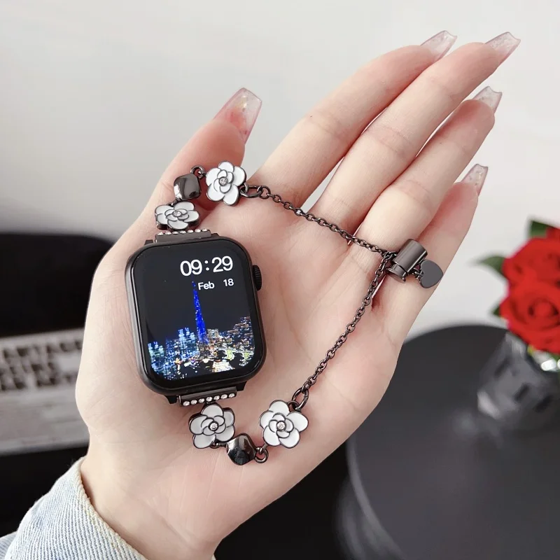 Camellia Metall-Kettenarmband für Apple Watch Ultra 49mm 46 42 45 41 44 40 38mm Armband iWatch Series 12 11 10 9 8 7 6 5 4 SE