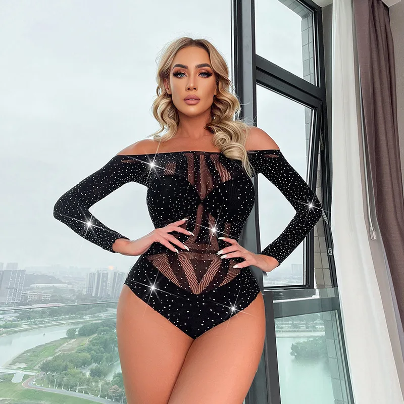 Women's Summer Fishnet Bodysuit Underwear Sexy Rhinestone Bodycon Temptation Jumpsuit Clothing Erotic Transparent Body Suits