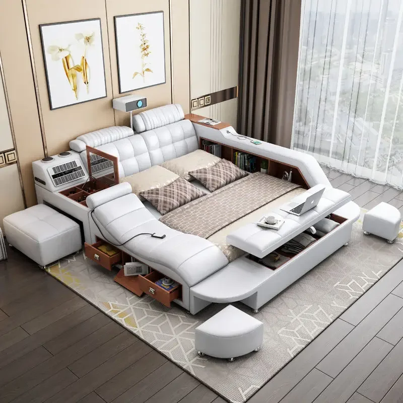 

King Size Simple Double Bed Wood Headrest Storage Luxury Double Bed Sleeping Smart Luzko Wielofunkcyjne Furniture For Bedroom