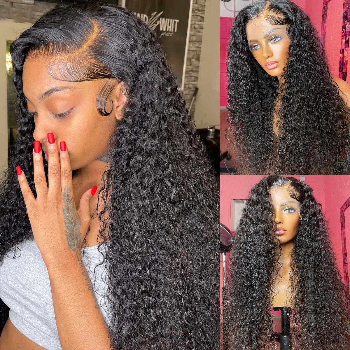 여성용 중간 부분 180 밀도 부드러운 글루리스 블랙 킨키 곱슬 긴 딥 레이스 프론트 가발, 베이비헤어 합성 데일리 웨어, 26 인치