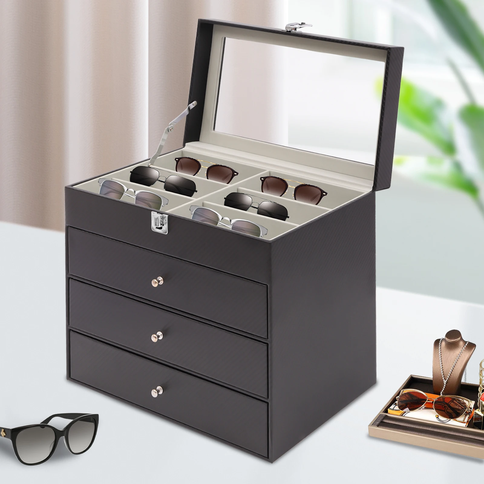 Eyeglasses Storage and Sunglass Glasses Display Drawer Lockable Case Organizer Black