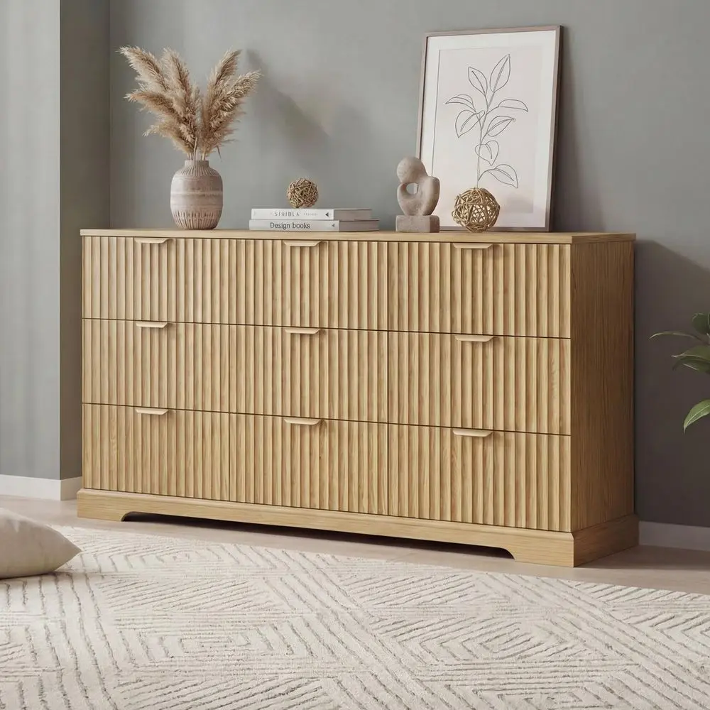 9 Drawer Dresser for Bedroom, Fluted Dresser with Storage and Metal Handle, Modern Chest of Drawers for Living Room, Entryway, N