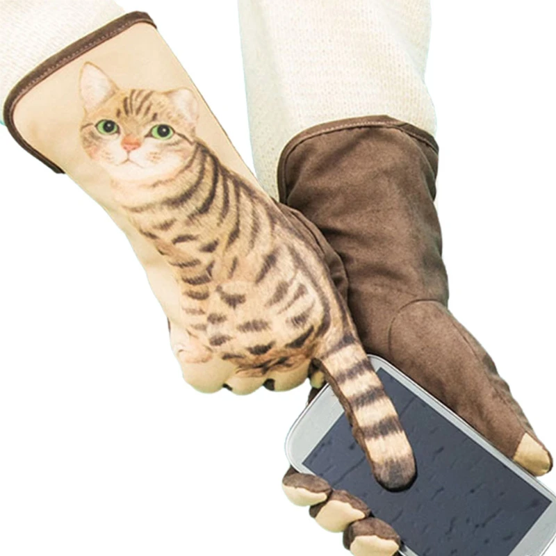 New Women Winter Kitten Tail Finger Touchscreen Gloves Cartoon 3D Digital Print Faux Fleece Lined Thermal Warm