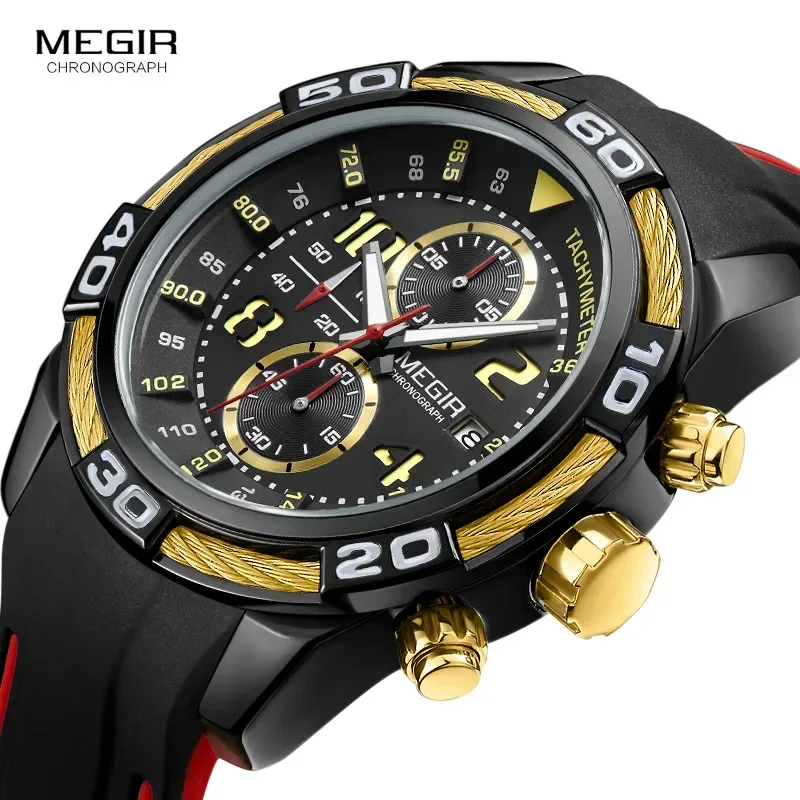 Megir Heren Sport Chronograaf Quartz Horloges Waterdicht Siliconen Leger Racing Lichtgevende Klok Relojios Masculinos 2045-1N3