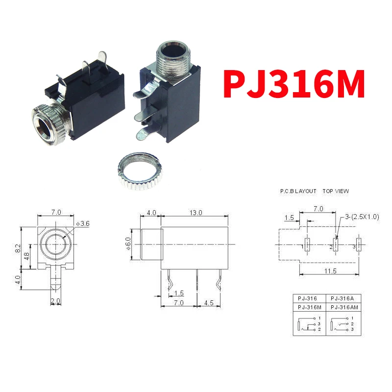 5/10 PCS  Headphone Jack Socket PJ316 PJ316M 3 Pin 3.5mm Audio Jack Socket for Headphone With Nut PJ-316M PJ-316