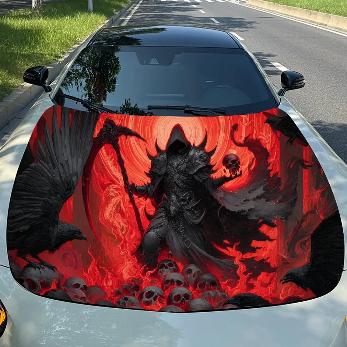 

Scarlet Reaper in Raven Skull Purgatory Car Vinyl Wrap, PVC Material Waterproof Car Hood Sticker, Self-Adhesive Scratch-Resistan