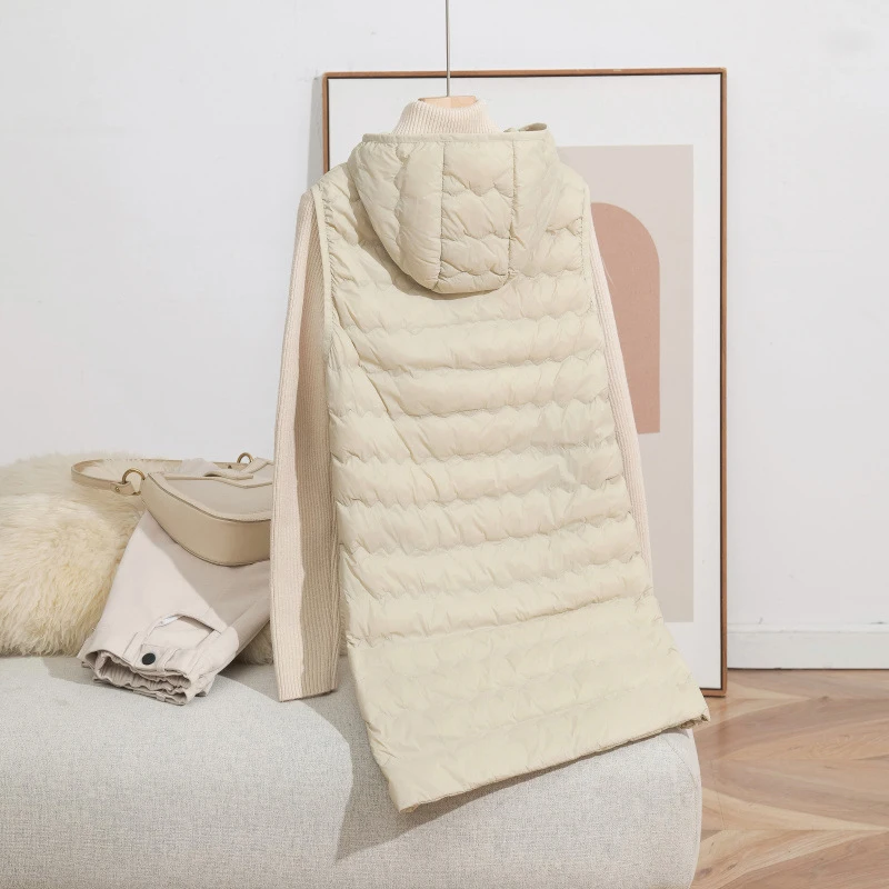 Schinteon Damen-Weste, ultraleicht, 90 % weiße Entendaunen, lange Weste mit Kapuze, lässig, Herbst und Winter, warm, hochwertige Weste, 2025, neu
