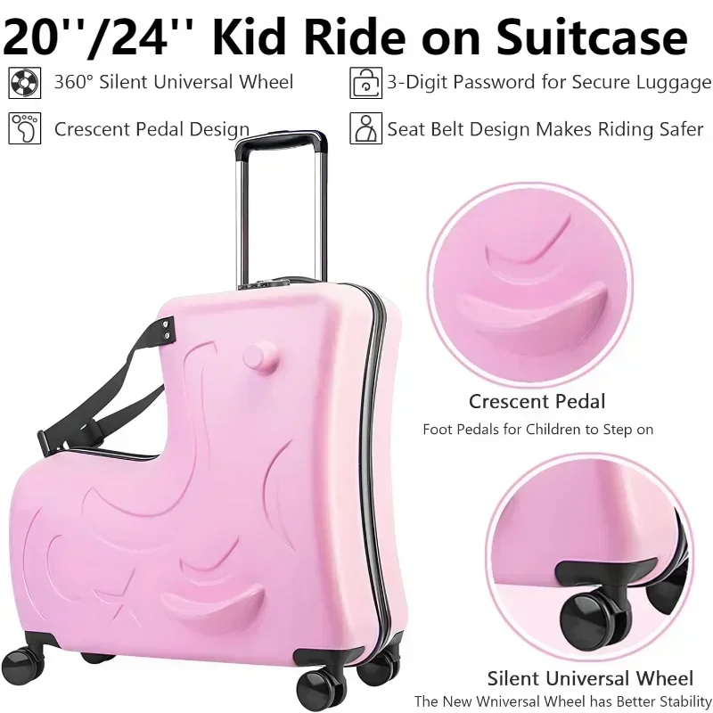 Kids Scooter Suitcase Cartoon Sit & Riding Luggage with 360° Swivel Wheel Pedal Removable Seat Belt Cabin Luggage for Boy Girl