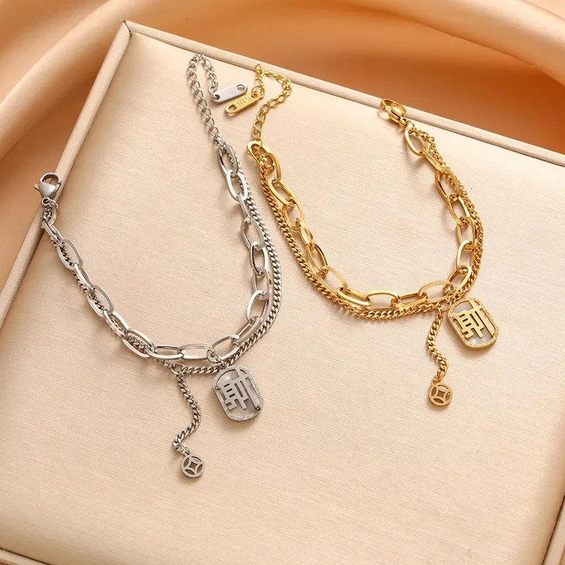 2025年最新 チタン鋼 フレンチレトロ レッティ ダイヤモンドがちりばめられたダブルブレスレット