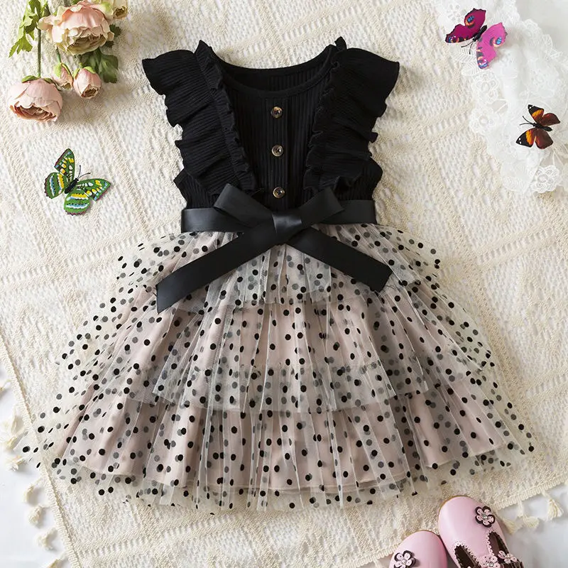 

Girls' Dress Korean Version Flying Sleeve Polka Dot Mesh Princess Dress Foreign Style Multi-layer Mesh Cake Dress