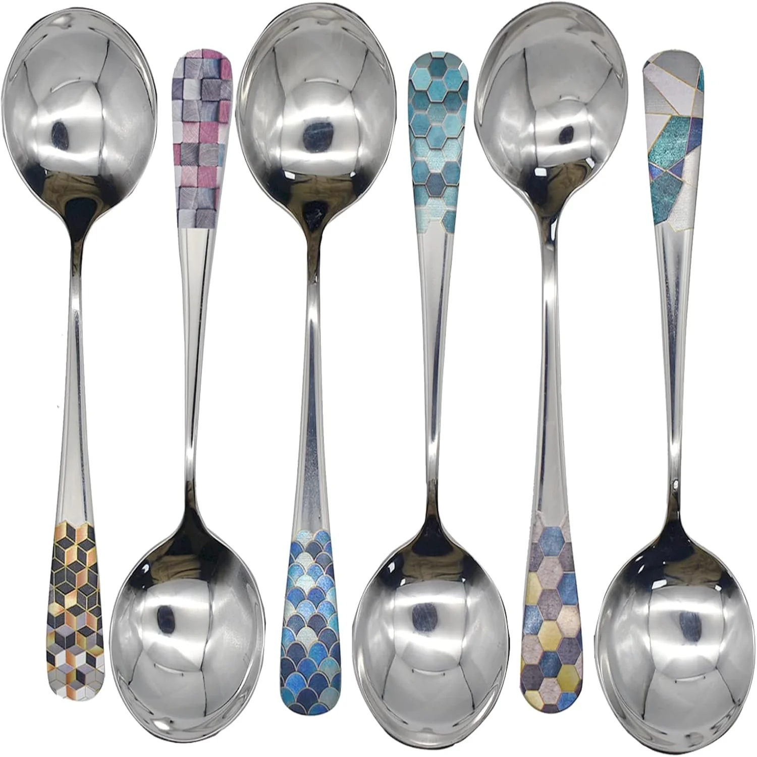 

6pcs Round Head Soup Spoons with Fashion Printing Pattern 6.22inch Tablespoon 18/10(304) Stainless Steel Korean Spoons for Rice